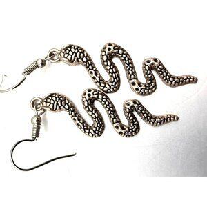 Silver Tone Snake Dangle Earrings Textured Serpent Gothic Boho Style